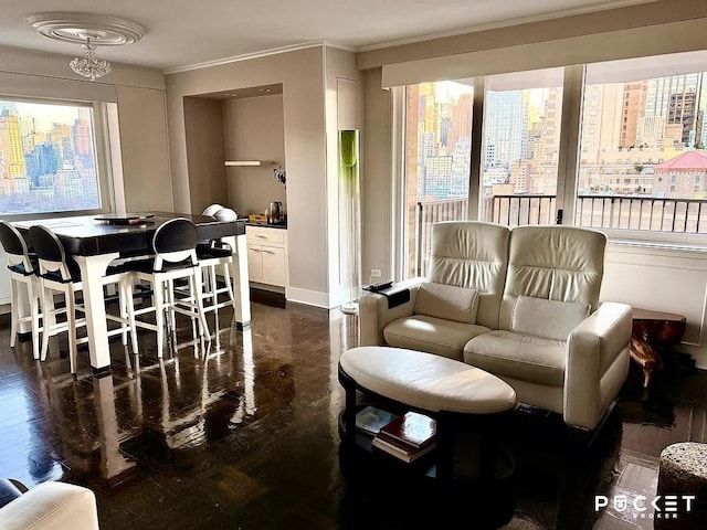 living area featuring baseboards and ornamental molding