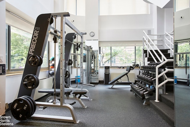 exercise room with a high ceiling