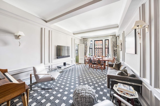 carpeted living area featuring beamed ceiling, baseboards, and ornamental molding