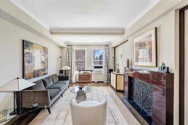 living room featuring light wood-style flooring and ornamental molding