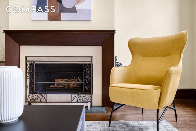 interior space featuring wood finished floors and a fireplace