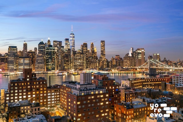 property's view of city featuring a water view