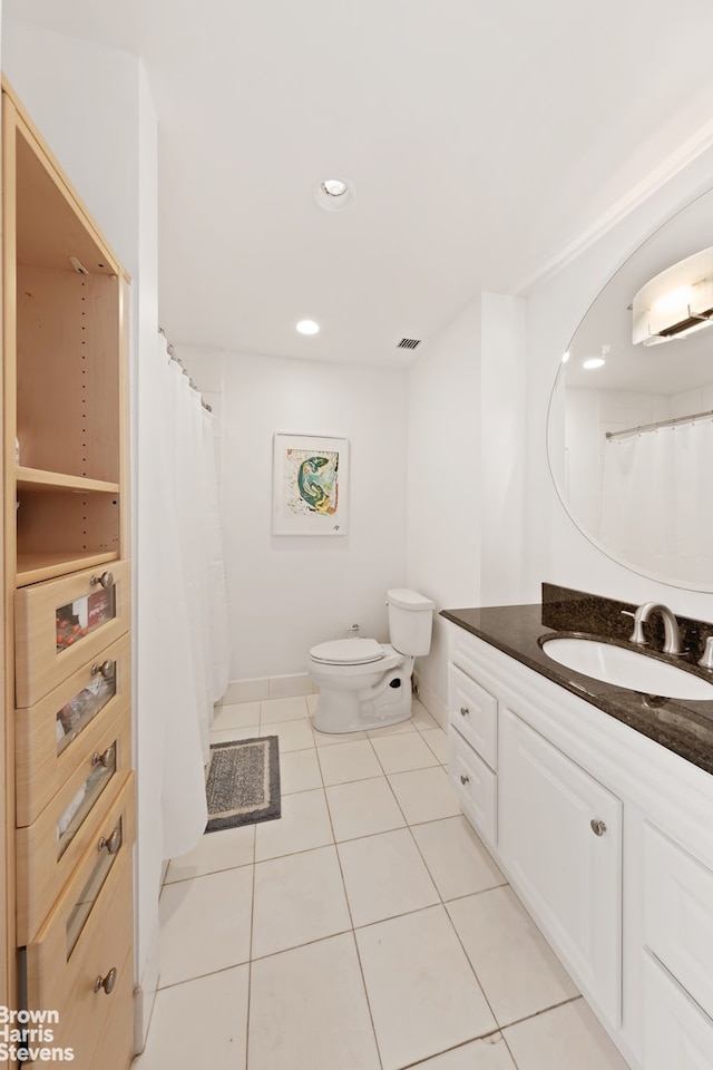 full bathroom with vanity, visible vents, recessed lighting, tile patterned flooring, and toilet