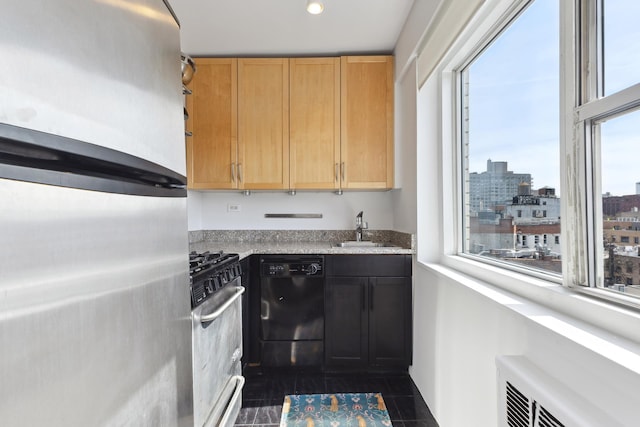 kitchen featuring open shelves, radiator heating unit, a sink, light countertops, and appliances with stainless steel finishes