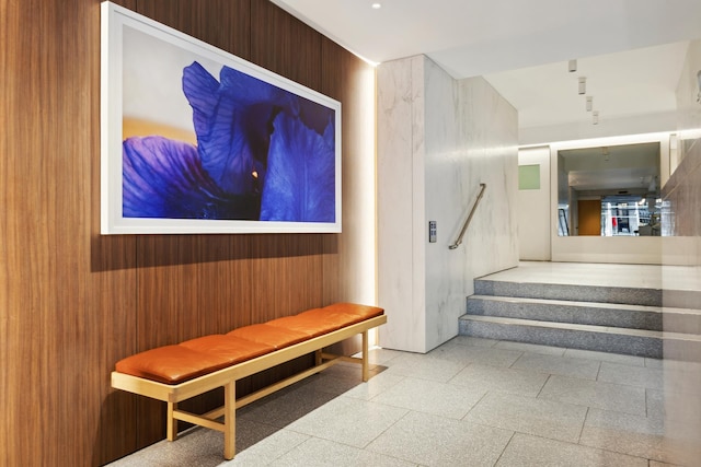 interior space with stairs and wood walls