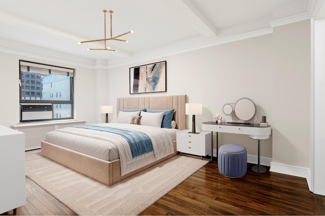 bedroom featuring baseboards, wood-type flooring, beam ceiling, and a chandelier