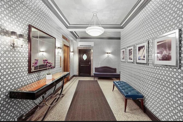 corridor with wallpapered walls, crown molding, and speckled floor