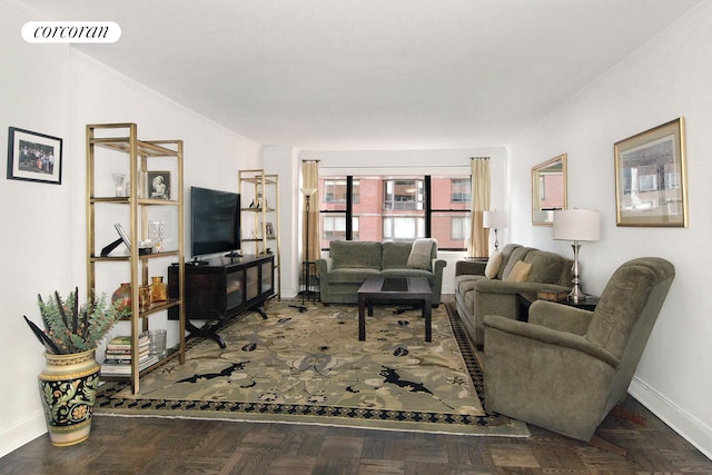 living room with visible vents, crown molding, and baseboards