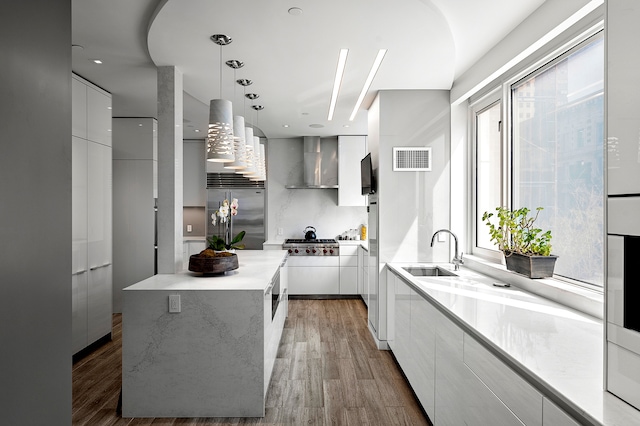 kitchen with wall chimney exhaust hood, a sink, visible vents, modern cabinets, and appliances with stainless steel finishes