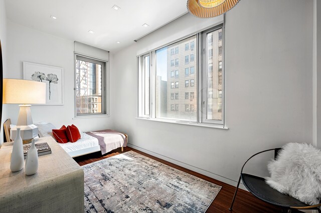 bedroom featuring baseboards, wood finished floors, and multiple windows