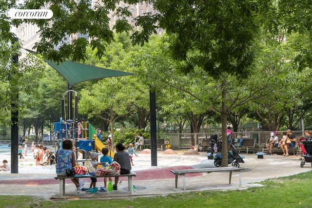 view of home's community featuring fence and playground community