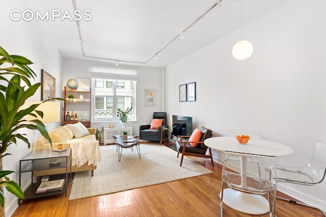 living room with radiator, track lighting, and hardwood / wood-style flooring