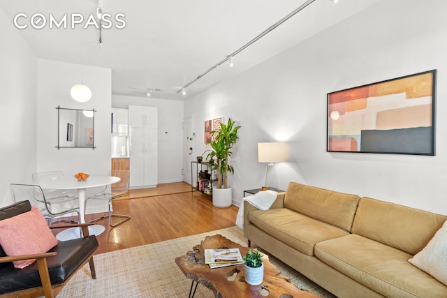 living area with baseboards, light wood-style flooring, and track lighting