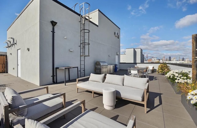 37-14 34th St Unit N-4C, New York City, NY 11101 - view of patio with an outdoor living space, exterior kitchen, grilling area, outdoor dining area, and a city view