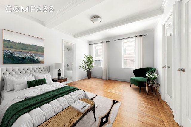 bedroom with crown molding, light wood finished floors, baseboards, and beamed ceiling