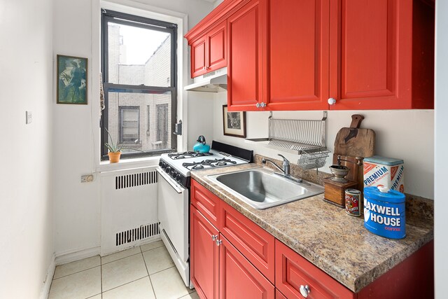221 E 18th St Unit 6H, New York City, NY 11226 - kitchen with white gas stove, a sink, under cabinet range hood, radiator heating unit, and baseboards
