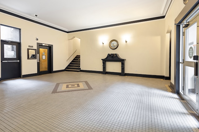 221 E 18th St Unit 6H, New York City, NY 11226 - community lobby featuring ornamental molding and stairway