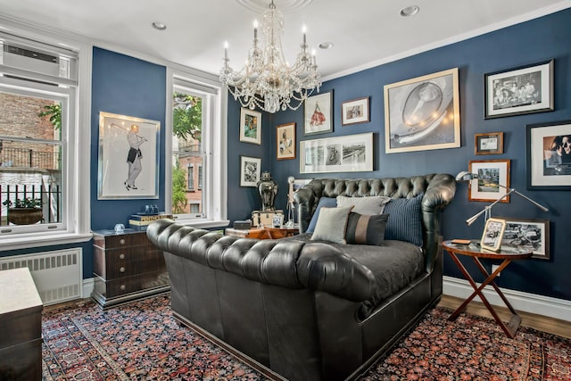 17 E 80th St Unit 6/3R, New York City, NY 10075 - living room with radiator, a chandelier, ornamental molding, recessed lighting, and baseboards