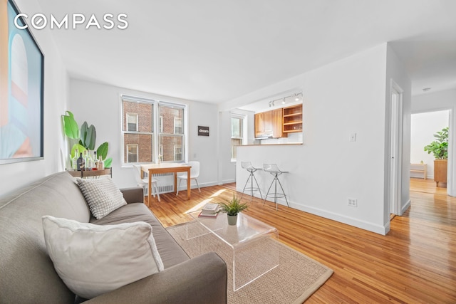 living room with baseboards and light wood-style flooring