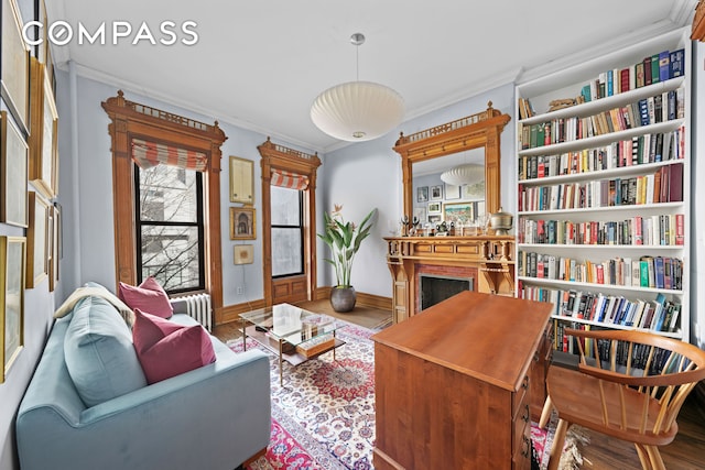 interior space with wood finished floors, baseboards, radiator heating unit, a fireplace, and crown molding