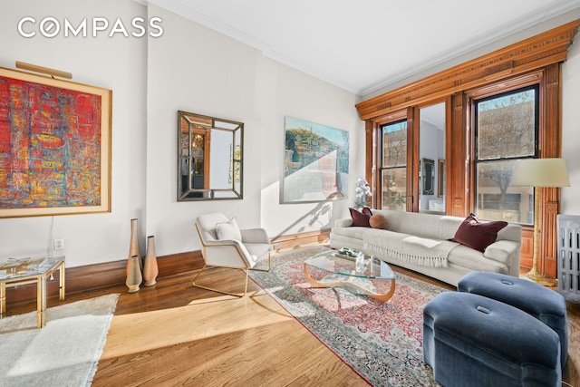 living area with wood finished floors and crown molding