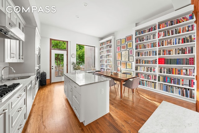 kitchen with range hood, appliances with stainless steel finishes, light wood-style floors, and a sink