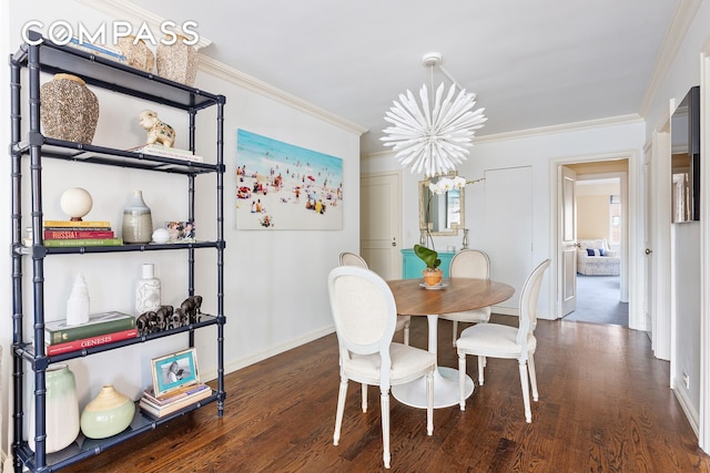 135 E 71st St Unit 9D, New York City, NY 10021 - dining space with a chandelier, baseboards, wood finished floors, and crown molding