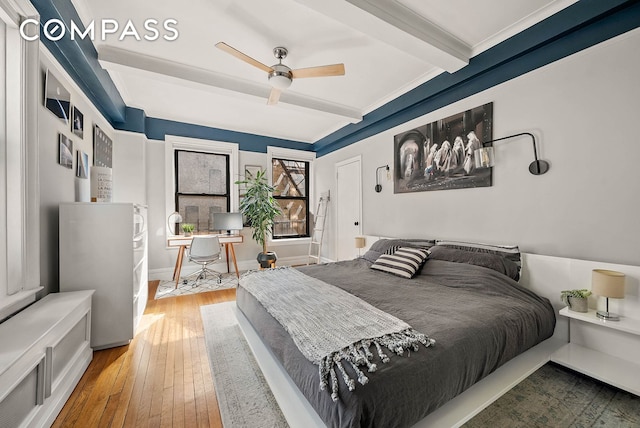 760 W End Ave Unit 6B, New York City, NY 10025 - bedroom featuring beamed ceiling, wood-type flooring, and a ceiling fan