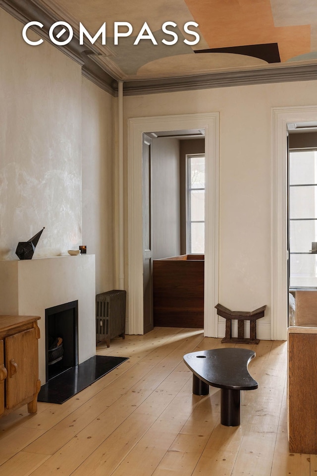 125 W 15th St, New York City, NY 10011 - living room featuring radiator heating unit, ornamental molding, healthy amount of natural light, a fireplace, and light wood finished floors