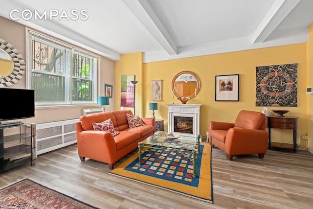 living area featuring beam ceiling, wood finished floors, a glass covered fireplace, and radiator
