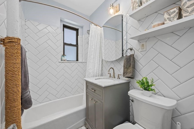 full bathroom with toilet, shower / bath combo with shower curtain, and vanity