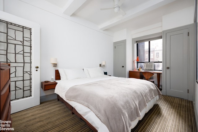 1 W 67th St Unit 309, New York City, NY 10023 - bedroom with beamed ceiling, carpet floors, and ceiling fan