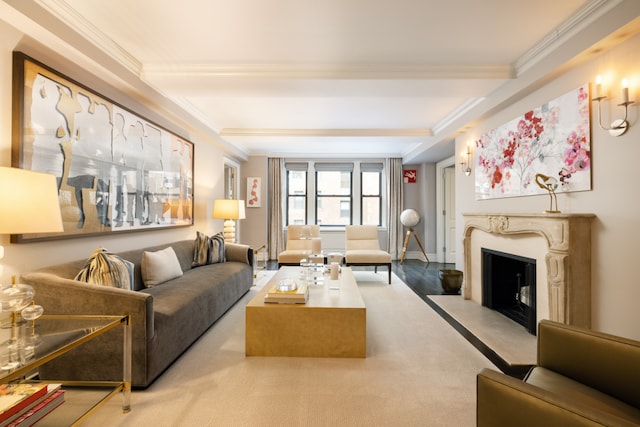 220 E 73rd St Unit 6Cde, New York City, NY 10021 - living area featuring crown molding and a premium fireplace