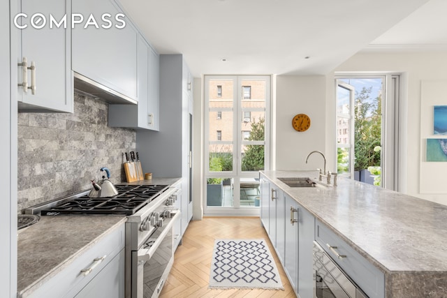 250 E 21st St Unit 10A, New York City, NY 10010 - kitchen featuring stainless steel stove, a sink, decorative backsplash, and under cabinet range hood