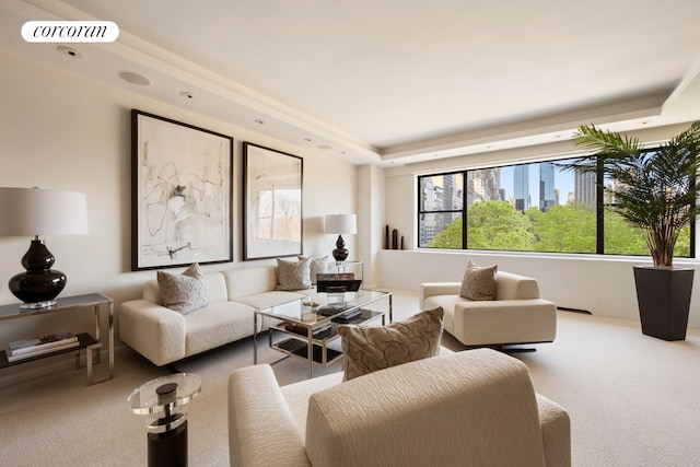 carpeted living room with visible vents and a raised ceiling