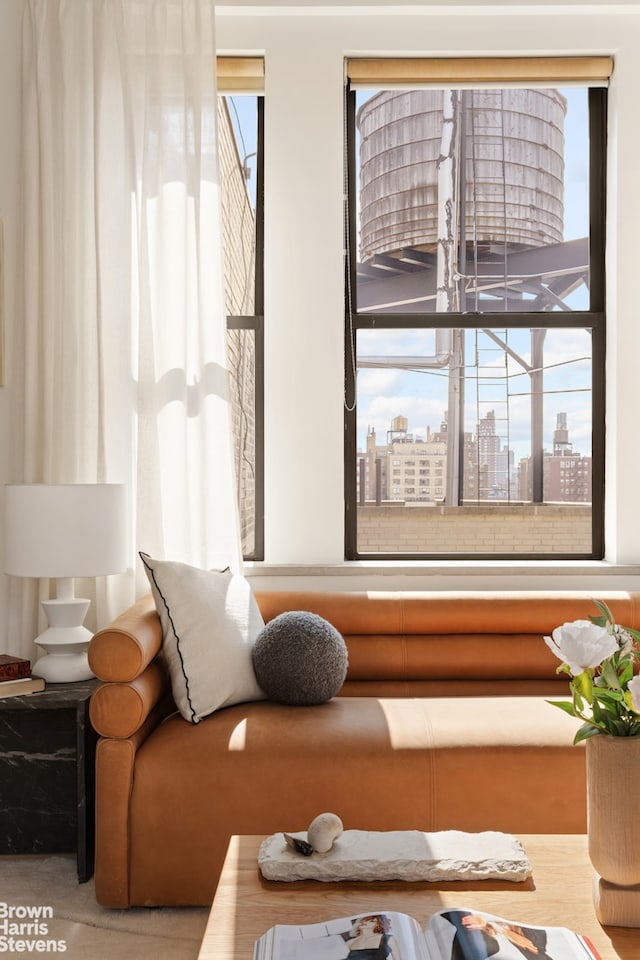 interior space featuring a city view