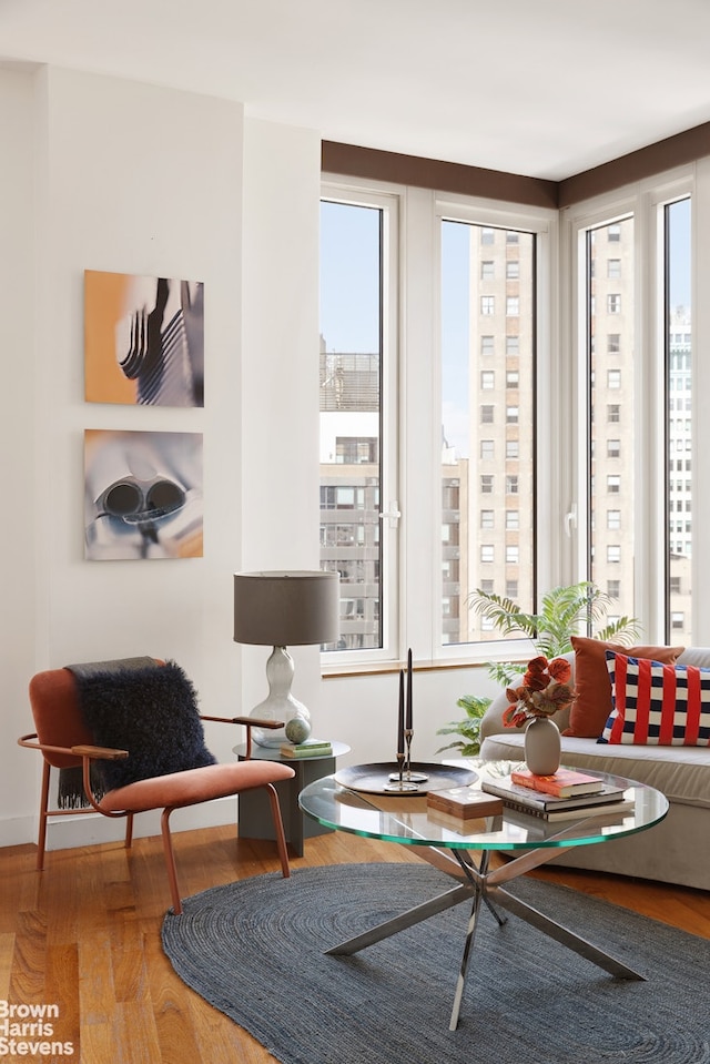 15 William St Unit 33I, New York City, NY 10004 - sitting room featuring healthy amount of natural light, wood finished floors, and a view of city