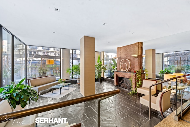 common area with a wall of windows