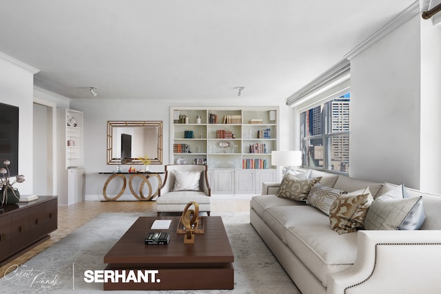 living area with crown molding and built in features