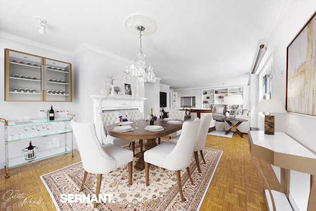 dining room featuring ornamental molding and a chandelier