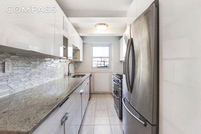 520 E 76th St Unit 11C, New York City, NY 10021 - kitchen with appliances with stainless steel finishes, a sink, white cabinetry, and modern cabinets