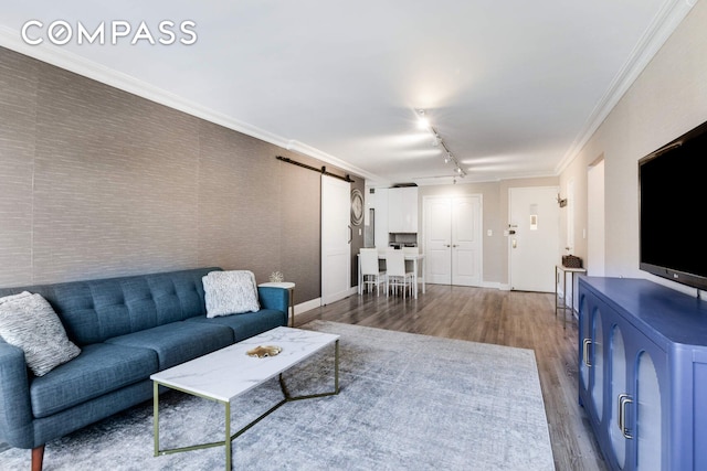 520 E 76th St Unit 11C, New York City, NY 10021 - living room featuring a barn door, wood finished floors, rail lighting, baseboards, and crown molding