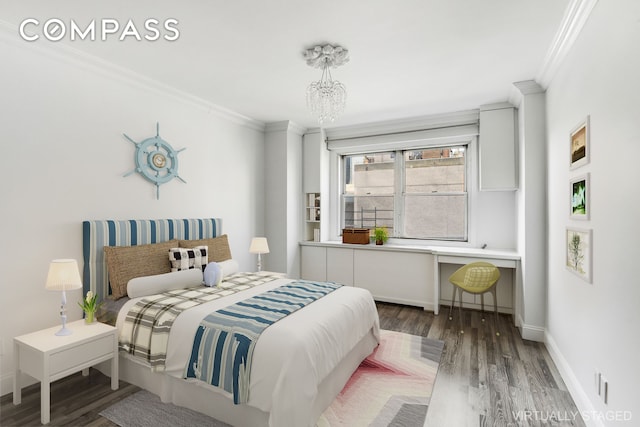 520 E 76th St Unit 11C, New York City, NY 10021 - bedroom featuring crown molding, wood finished floors, baseboards, and a chandelier
