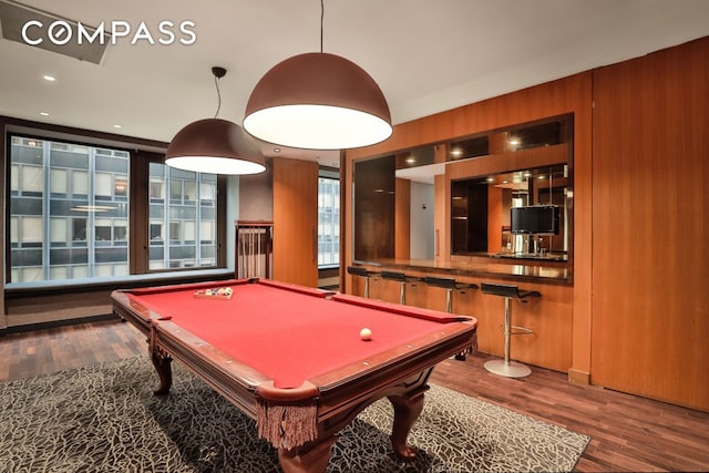 75 Wall St Unit 24M, New York City, NY 10005 - playroom featuring wood finished floors, billiards, and wooden walls