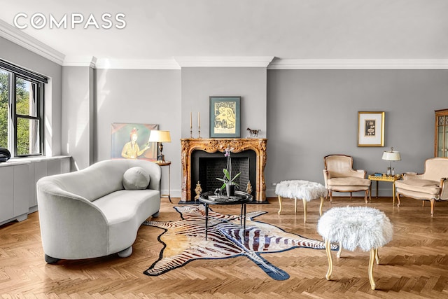 785 5th Ave Unit 3C, New York City, NY 10022 - living room featuring ornamental molding, a fireplace with flush hearth, and baseboards