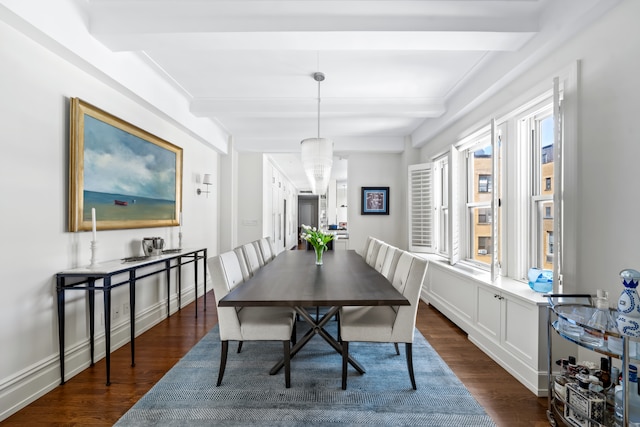 dining space featuring beamed ceiling and dark wood-type flooring
