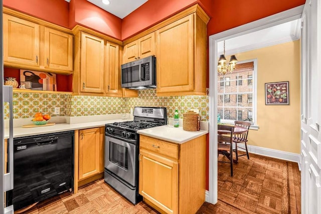 14 Sutton Pl S Unit 4C, New York City, NY 10022 - kitchen featuring stainless steel appliances, light countertops, tasteful backsplash, a chandelier, and open shelves