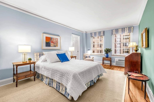14 Sutton Pl S Unit 4C, New York City, NY 10022 - bedroom featuring crown molding, a wall mounted air conditioner, and wood finished floors