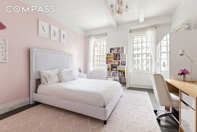 863 Park Ave Unit 8W, New York City, NY 10075 - bedroom featuring baseboards, wood finished floors, a chandelier, and beam ceiling