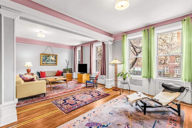 800 Riverside Dr Unit Duplex 1, New York City, NY 10032 - living room with radiator, ornate columns, and wood finished floors